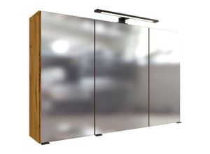 4066075025856 - Spiegelschrank in Wotan Eiche Nb 100 cm breit MORISSON-03 3-türig mit 3D Effekt inkl LED Aufbauleuchte B H T ca 100 64 20 cm - braun