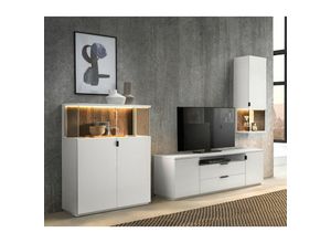 4066075031864 - Wohnwand mit Lowboard Highboard Hängevitrine led Beleuchtung modern MODESTO-52 in weiß mit Absetzungen aus Altholz b h t ca 291 200 45 cm - weiß