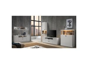 4066075031987 - Wohnwand mit Highboard Vitrine und Sideboard modern MODESTO-52 in weiß und Absetzungen aus Altholz inkl led Beleuchtung b h t ca 291 200 45 cm