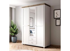 4066075032878 - Kleiderschrank mit Spiegel Landhausstil EPSOM-83 in weiß Abisko Esche Nb mit Lefkas Eiche Nb 3 türig B H T ca 154 216 62 cm - weiß