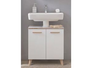 4066075042839 - Lomadox - Badezimmer Waschbeckenunterschrank mit Füßen DOVER-66 in Weiß Glanz mit 3D Kante in Riviera Eiche Nb b h t ca 60 65 33 cm - weiß