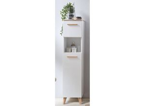 4066075042846 - Lomadox - Badezimmer Midischrank mit Füßen DOVER-66 in Weiß Glanz mit 3D Kante in Riviera Eiche Nb b h t ca 30 1345 33 cm - weiß