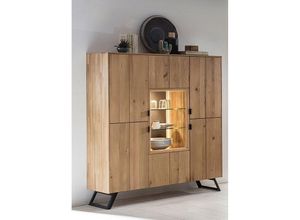 4066075047216 - Lomadox - Massivholz Highboard Vitrine Eiche LESKO-52 bianco geölt mit Steinrückwand und Beleuchtung b h t ca 130 153 42 cm - braun