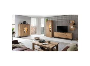 4066075047261 - Lomadox - Massivholz Wohnzimmer Möbel Set Eiche LESKO-52 bianco geölt mit Steinrückwand und Beleuchtung - braun