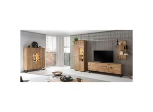 4066075047285 - Lomadox - Massivholz Wohnzimmer Möbel Set Eiche LESKO-52 bianco geölt mit Steinrückwand und Beleuchtung - braun