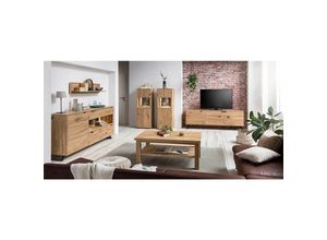 4066075047292 - Lomadox - Massivholz Wohnzimmer Möbel Set Eiche LESKO-52 bianco geölt mit Steinrückwand und Beleuchtung - braun