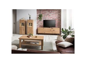 4066075047315 - Massivholz Wohnzimmer Möbel Set Eiche LESKO-52 bianco geölt mit Steinrückwand und Beleuchtung - braun
