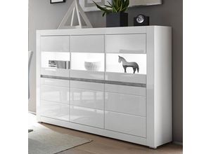 4066075049906 - Vitrinen-Highboard in weiß Hochglanz inkl LED und mit Griffmulden in Betonoptik COGO-61 BxHxT 164x131x42cm - weiß