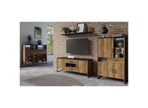 4066075055556 - Wohnzimmer Set mit Wandboard Highboard-Regal Lowboard Highboard in Appenzeller Fichte Nb TENNESSEE-83 mit schwarz supermatt inkl led Beleuchtung