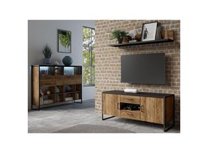 4066075055594 - Lomadox - Wohnzimmer Set mit Wandboard Highboard-Regal Lowboard in Appenzeller Fichte Nb TENNESSEE-83 mit schwarz supermatt inkl led Beleuchtung