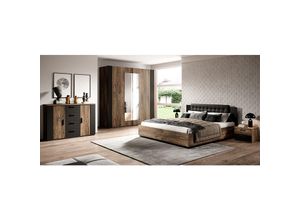 4066075057291 - Schlafzimmer Set inkl Bett und Lattenrost Liegefläche 180 x 200 cm SOLMS-83 in Flagstaf Eiche dunkel Nb und silber kombiniert mit schwarz - braun