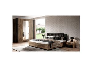 4066075057536 - Bett mit Lattenrost Liegefläche 160 x 200 cm und Kleiderschrank SOLMS-83 in Flagstaf Eiche dunkel Nb und silber kombiniert mit schwarz - braun