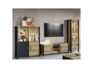 4066075060413 - Wohnwand Set in Grand Natural Oak Nb mit schwarz supermatt ORADEA-83 b h t ca 334 191 43 cm - braun