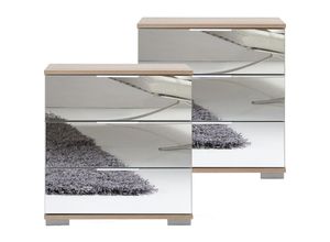 4066075061496 - Schlafzimmer 2er Set Nachttisch Nachtschrank auch für Boxspringbetten in Eiche sägerau Nb mit Spiegelfront ELSTRA-43 b h t ca 52 58 38 cm - braun