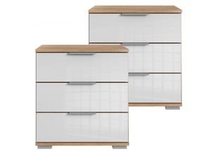 4066075061564 - Schlafzimmer 2er Set Nachttisch Nachtschrank auch für Boxspringbetten in Plankeneiche Nb mit weißem Glas ELSTRA-43 b h t ca 52 58 38 cm - weiß