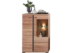 4066075065852 - Wohnzimmer Vitrine mit Massivholzfront inkl LED-Beleuchtung STAVEN-36 in Old Artisan Oak Nb mit Absetzungen in schwarz matt b h t ca 90 134 38 cm