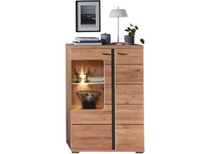 4066075065883 - Highboard Vitrine mit Massivholzfront inkl LED-Beleuchtung STAVEN-36 in Old Artisan Oak Nb mit Absetzungen in schwarz matt b h t ca 90 134 38 cm