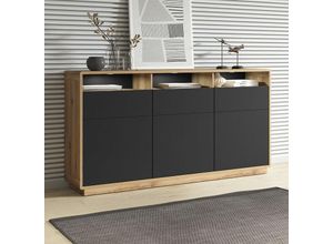 4066075068747 - Sideboard Anrichte modern inkl LED Beleuchtung ALBANY-83 in Taurus Eiche Nb mit Absetzungen in schwarz matt B H T ca 180 96 40 cm - schwarz