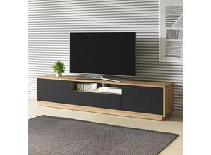 4066075068761 - Lowboard Fernsehschrank Wohnzimmer modern 200 cm breit ALBANY-83 in Taurus Eiche Nb mit Absetzungen in schwarz matt inkl LED Beleuchtung B H T