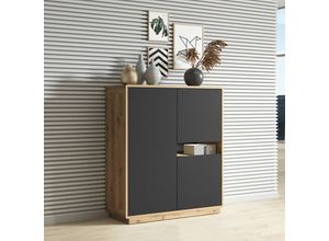 4066075068778 - Lomadox - Highboard modern Wohnzimmer inkl led Beleuchtung ALBANY-83 in Taurus Eiche Nb mit Absetzungen in schwarz matt b h t ca 121 126 40 cm