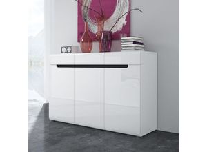 4066075070917 - Schlafzimmer Kommode Sideboard in weiß mit weiß Hochglanz und schwarz HERNING-83 B H T ca 137 92 39 cm