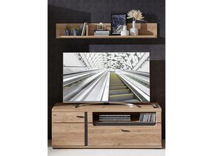 4066075071211 - TV-Lowboard mit Massivholzfronten inkl Wandboard STAVEN-36 in Old Artisan Oak Nb mit Absetzungen in schwarz matt b h t ca 150 200 42 cm - braun