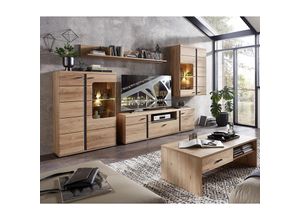 4066075071358 - Wohnzimmer Set inkl Massivholzfronten und Beleuchtung STAVEN-36 in Old Artisan Oak Nb mit Absetzungen in schwarz matt - braun