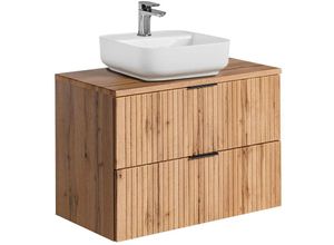 4066075083672 - Lomadox - Badmöbel Waschtisch Unterschrank Set Wotaneiche gerillt 40 cm Keramik-Waschbecken 2 Softclose-Schubkästen b h t 806 732 465 cm - braun