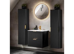 4066075085287 - Lomadox - Badezimmer Möbel Set 60cm Waschtisch mit Keramik Waschbecken 2 Hochschränke matt schwarz mit gerillter Front ADELAIDE-56-BLACK b h t