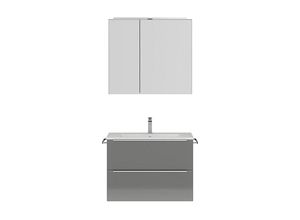 4066075093367 - - Bad Waschplatz Set mit 81cm Waschtisch Spiegelschrank in Hochglanz grau Griffleisten edelstahlfarben PALERMO-136-GREY b h t ca