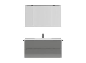 4066075093411 - Bad Waschplatz Set mit 121cm Waschtisch Spiegelschrank in Hochglanz grau Griffleisten schwarz PALERMO-136-GREY B H T ca 121 1691 487 cm - grau