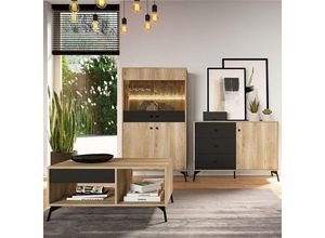 4066075094463 - Highboard Set mit Kommode und Couchtisch in Eiche Nb mit schwarz ARONA-131 Wohnmöbel im modernen Design mit Beleuchtung - braun