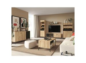 4066075094531 - Moderne Wohnwand in Eiche Nb mit schwarzen Akzenten ARONA-131 inkl Sideboard Couchtisch und Beleuchtung - braun