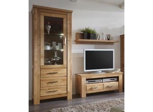 4066075094999 - Wohnzimmer Set aus beleuchteter Vitrine und TV-Kombination Wildeiche massiv SARAGOSSA-52 - braun