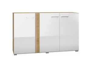 4066075095620 - Sideboard Kommode 3-türig Eiche Castello Nb mit weiß Hochglanz AKRON-131 MDF Fronten mit edler Fräsung B H T ca 150 90 42 cm - weiß