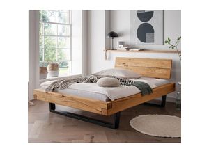 4066075096078 - Massivholz Doppelbett 140x200 cm Eiche massiv Holzkopfteil schwarze Metallkufen UPPSALA-137 b h t ca 158 88 228 cm - braun