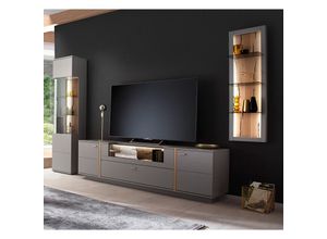 4066075102540 - Lomadox - Wohnzimmer Schrankwand SAVANNAH-05 in grau mit Eiche inkl TV-Element Vitrine und Wandregal mit led b h t ca 366 207 50 cm - grau