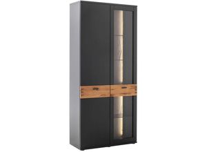 4066075105015 - Vitrinenschrank mit Beleuchtung 90cm breit in schwarzgrau lackiert mit Wildeiche massiv geölt CHAPLEAU-05 b h t ca 90 201 37 cm - grau