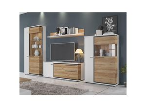 4066075109440 - Wohnzimmer moderne Wohnwand in weiß mit Eiche Nb SANDVIKA-129 b h t ca 379 200 40 cm - weiß