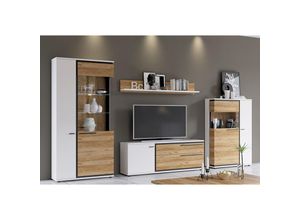 4066075110453 - Wohnzimmer Wohnwand weiß Eiche Nb SANDVIKA-129 moderner Stil mit Absetzungen in schwarz matt B H T ca 379 200 40 - weiß