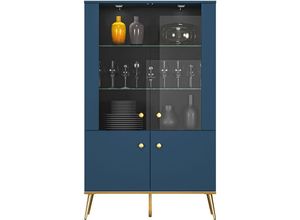 4066075117223 - Highboard mit Beleuchtung in dunkelblau mit goldfarbenen Griffen und Füßen MONTPELLIER-131 b h t ca 92 152 40 cm - blau