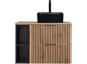 4066075117322 - Waschtisch 80 cm Unterschrank mit Regal Aufsatzwaschbecken schwarz matt XANTEN-56 in anthrazit mit Eiche Nb schwarz gerillt B H T ca 4066075117322 - Waschtisch 80 cm Unterschrank mit Regal Aufsatzwaschbecken schwarz matt XANTEN-56 in anthrazit mit Eiche Nb schwarz gerillt B H T ca