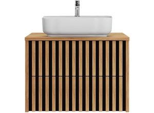 4066075119739 - Badezimmer Waschtisch 80 cm mit Keramik Aufsatzwaschbecken LUCCA-107 in Eiche Nb mit schwarz B H T ca 804 765 455 cm - braun