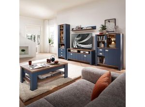 4066075120636 - Wohnwand blau DEVON-36 Landhaus mit Details in Eiche Nb 5-teilig inkl Couchtisch und led Beleuchtung - blau