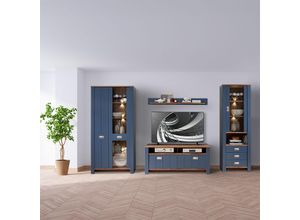 4066075120728 - Lomadox - Wohnwand in blau Landhausstil DEVON-36 Details in Eiche Nb 4-teilig Fernsehschrank mit Vitrinen inkl led Beleuchtung - blau