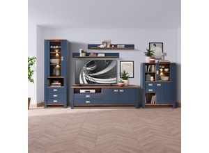 4066075120780 - Wohnwand in blau im Landhaus Design DEVON-36 Details in Eiche Nb 5-teilig mit TV-Lowboard und led Beleuchtung - blau