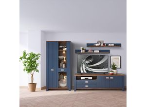 4066075120803 - Landhaus Wohnwand Set in blau DEVON-36 Details in Eiche Nb 4-teilig Fernsehschrank mit Vitrinenschrank inkl led Beleuchtung - blau