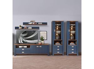 4066075120810 - Landhaus Wohnwand Set in blau DEVON-36 Details in Eiche Nb 5-teilig Fernsehschrank mit Vitrinen inkl led Beleuchtung - blau