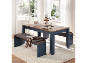 4066075120827 - Esszimmer Sitzgruppen Set DEVON-36 in blau mit Eiche Nb Landhausstil Esstisch mit 2 Bänken - blau