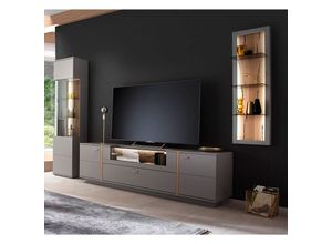 4066075122005 - Lomadox - Wohnzimmer Schrankwand SAVANNAH-05 in grau mit Eiche inkl TV-Element Vitrine und Wandregal b h t ca 366 207 50 cm - grau